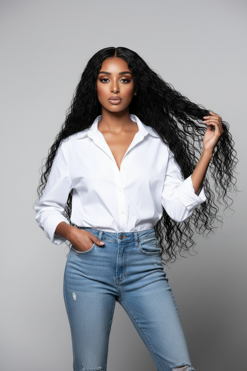 Professional Portrait - Water Curly Hair, White Shirt & Blue Jeans