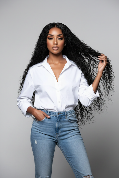 Professional Portrait - Water Curly Hair, White Shirt & Blue Jeans